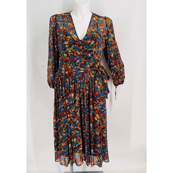 Calvin Klein Surplice Neck Faux Wrap Midi Dress Size 10 3/4 Sleeve Floral Print - Picture 1 of 16